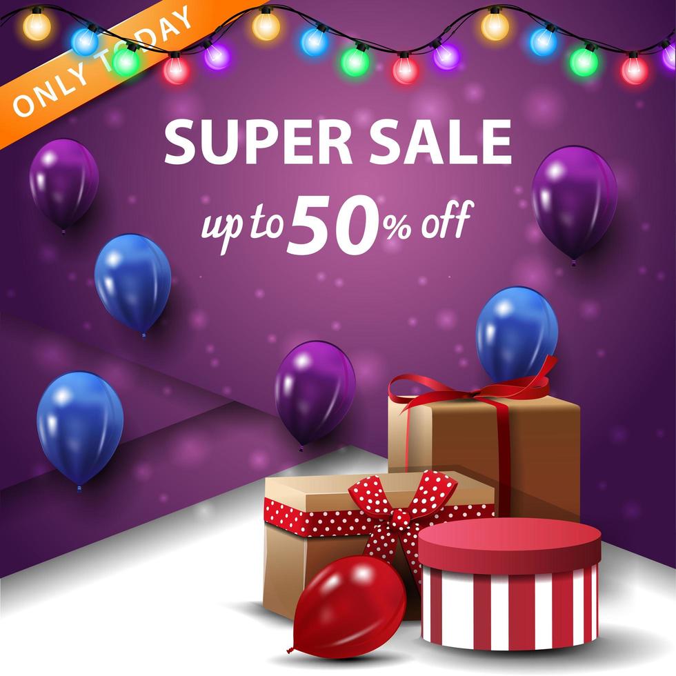 super saldi, fino a 50, banner sconto quadrato viola con scatole regalo e palloncini vettore