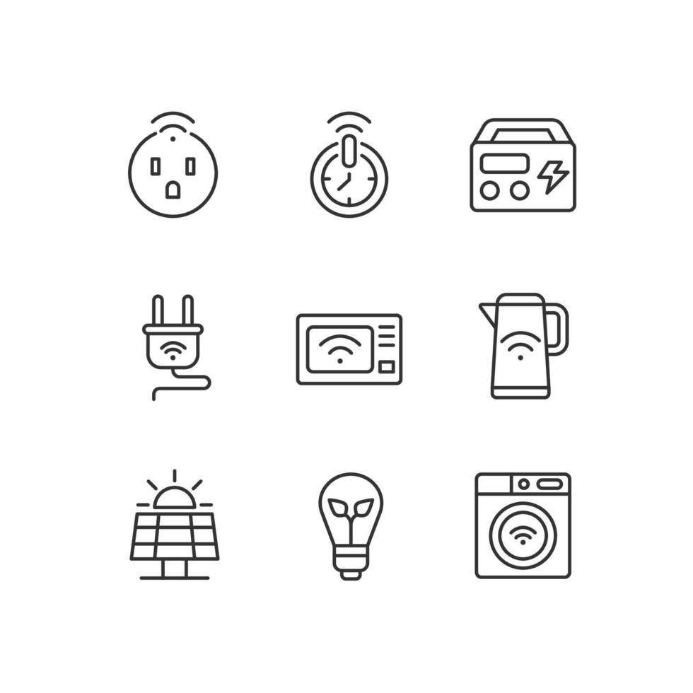efficiente energia consumo pixel Perfetto lineare icone impostare. inteligente dispositivi per casa. Internet di le cose. personalizzabile magro linea simboli. isolato vettore schema illustrazioni. modificabile ictus