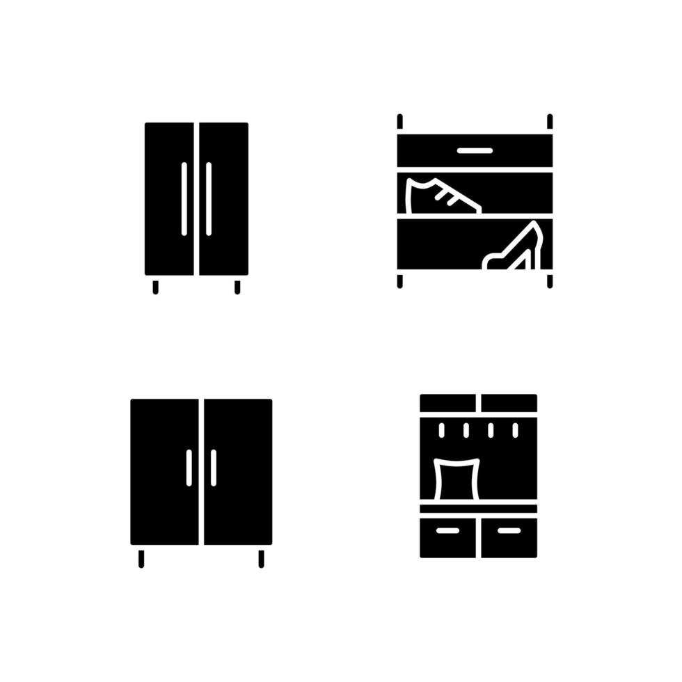 mobilia per Abiti e scarpe Conservazione nero glifo icone impostato su bianca spazio. Conservazione mobiletto. scarpa cremagliera. di legno armadio. silhouette simboli. solido pittogramma pacchetto. vettore isolato illustrazione