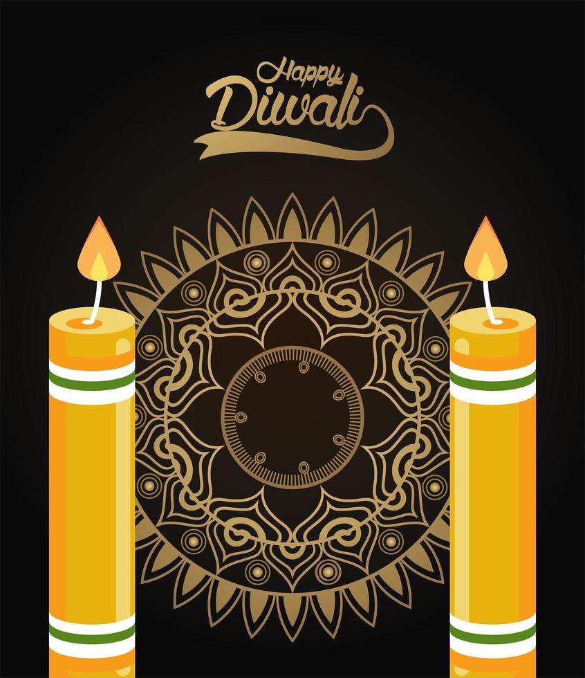 felice celebrazione di diwali con due candele e mandala d'oro vettore