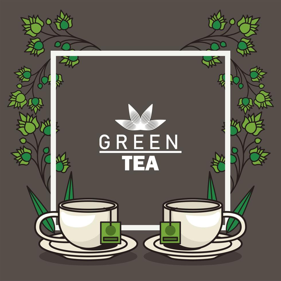 poster di lettere di tè verde con tazze da tè e foglie in cornice quadrata vettore
