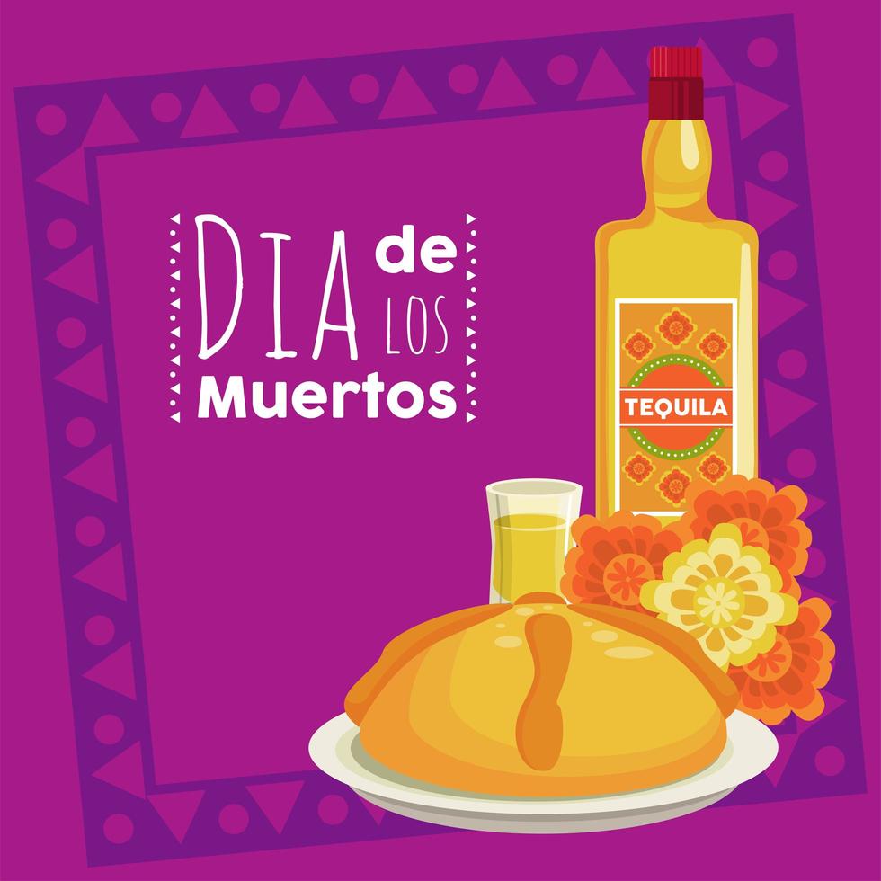 poster di dia de los muertos con bottiglia di tequila e fiori vettore