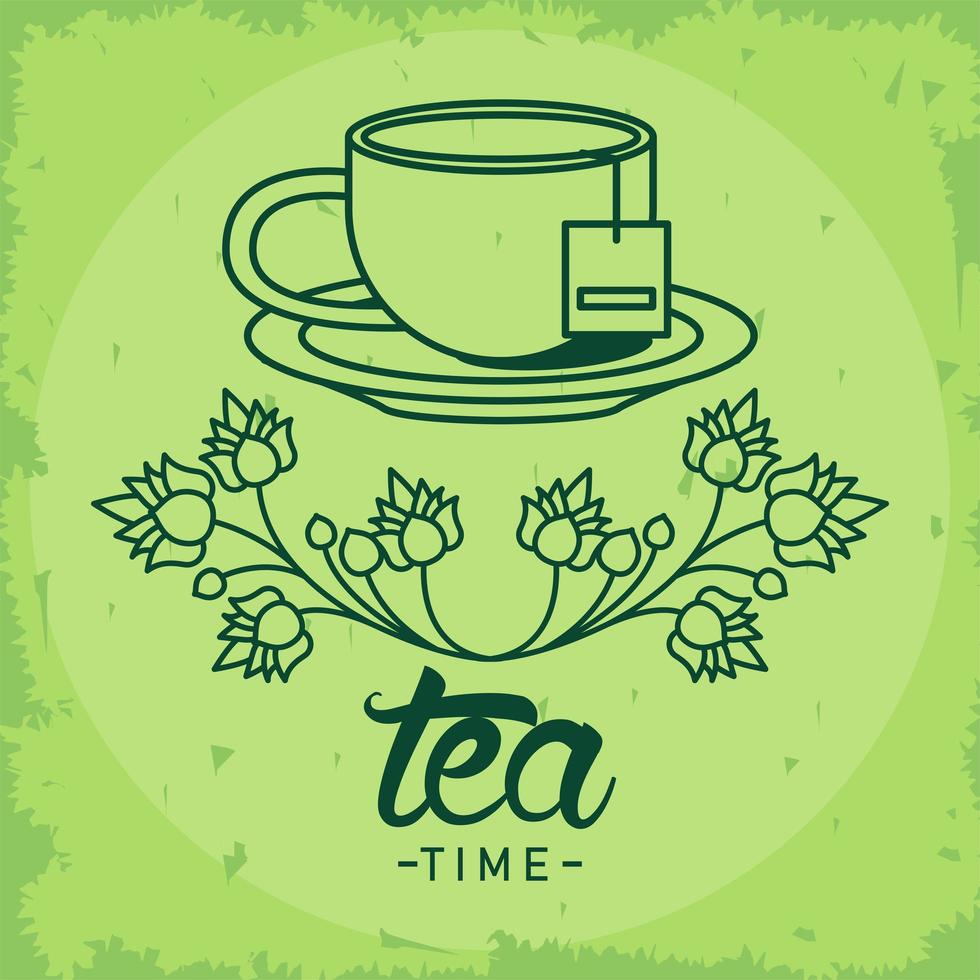 poster di lettere all'ora del tè con tazza da tè e pianta vettore