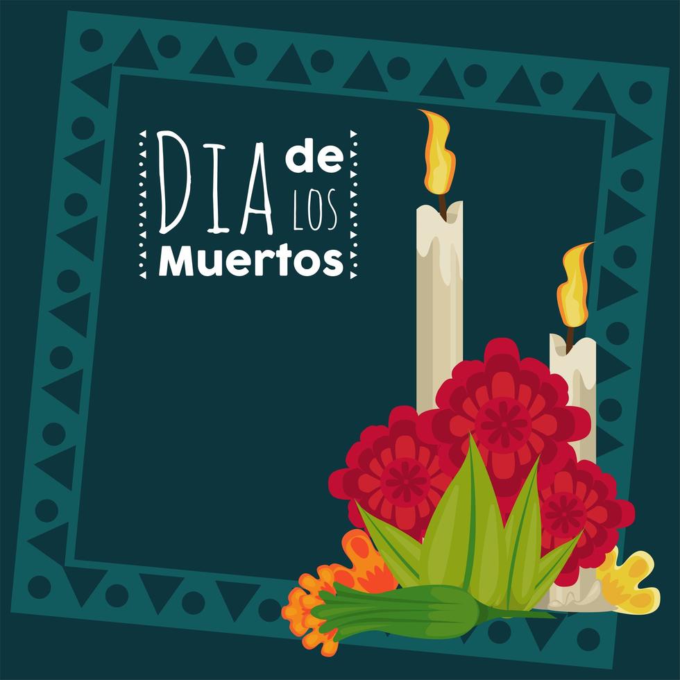 poster di dia de los muertos con candele e fiori vettore
