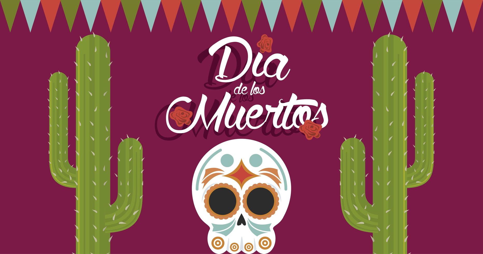 poster dia de los muertos con teschio e cactus vettore