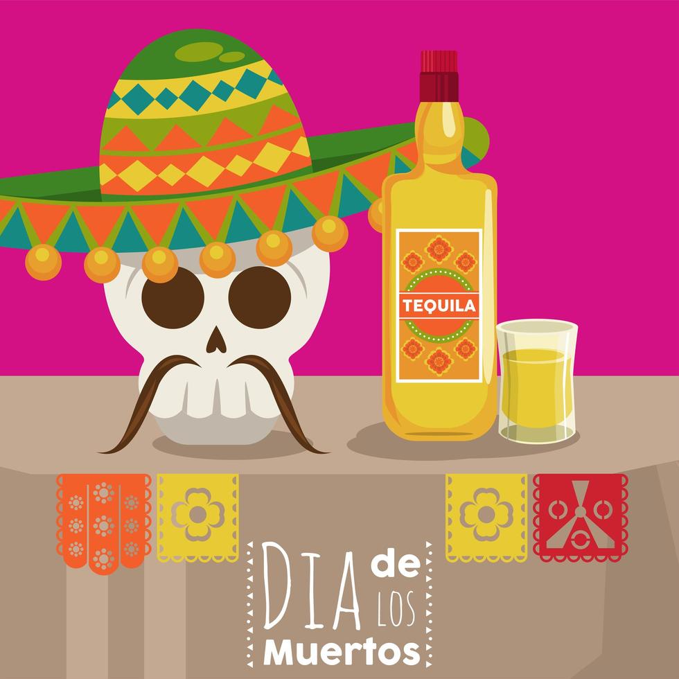 poster di dia de los muertos con teschio mariachi e bottiglia di tequila vettore