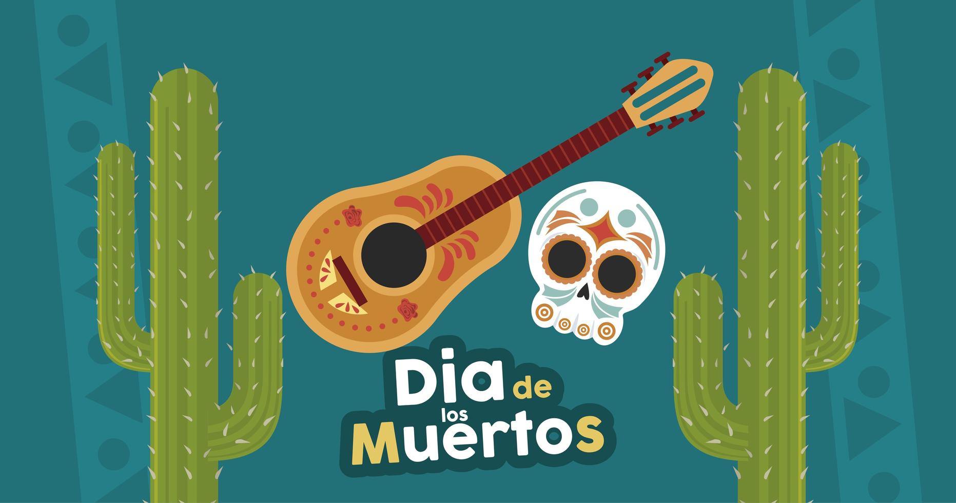 poster dia de los muertos con teschio testa e chitarra in cactus vettore