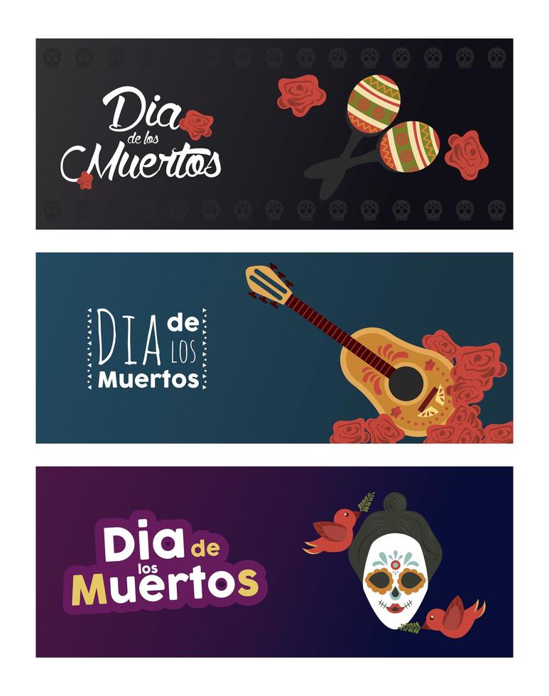 poster dia de los muertos con teschio e strumenti katrina vettore