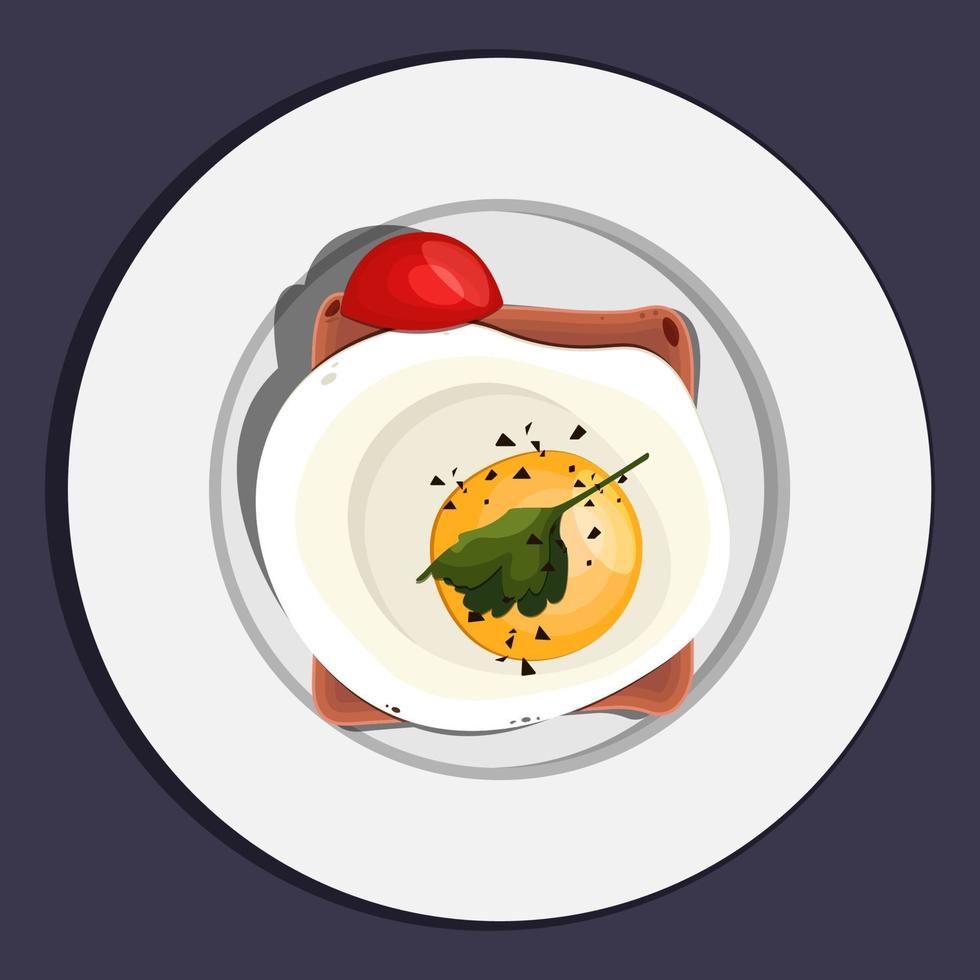 il isolato piatto uovo con ombre su il pane e con un' pezzo di pomodoro su il piatto vettore