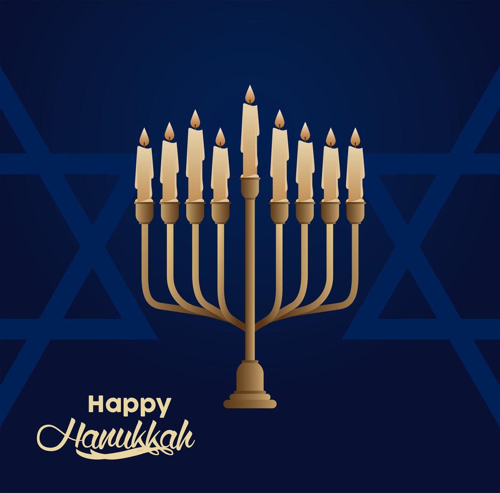 felice festa di hanukkah con candelabro e stelle vettore