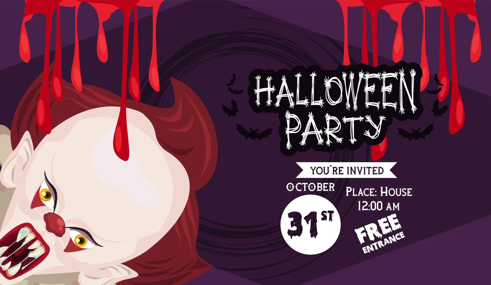 poster di celebrazione festa horror di Halloween con pagliaccio e sangue vettore