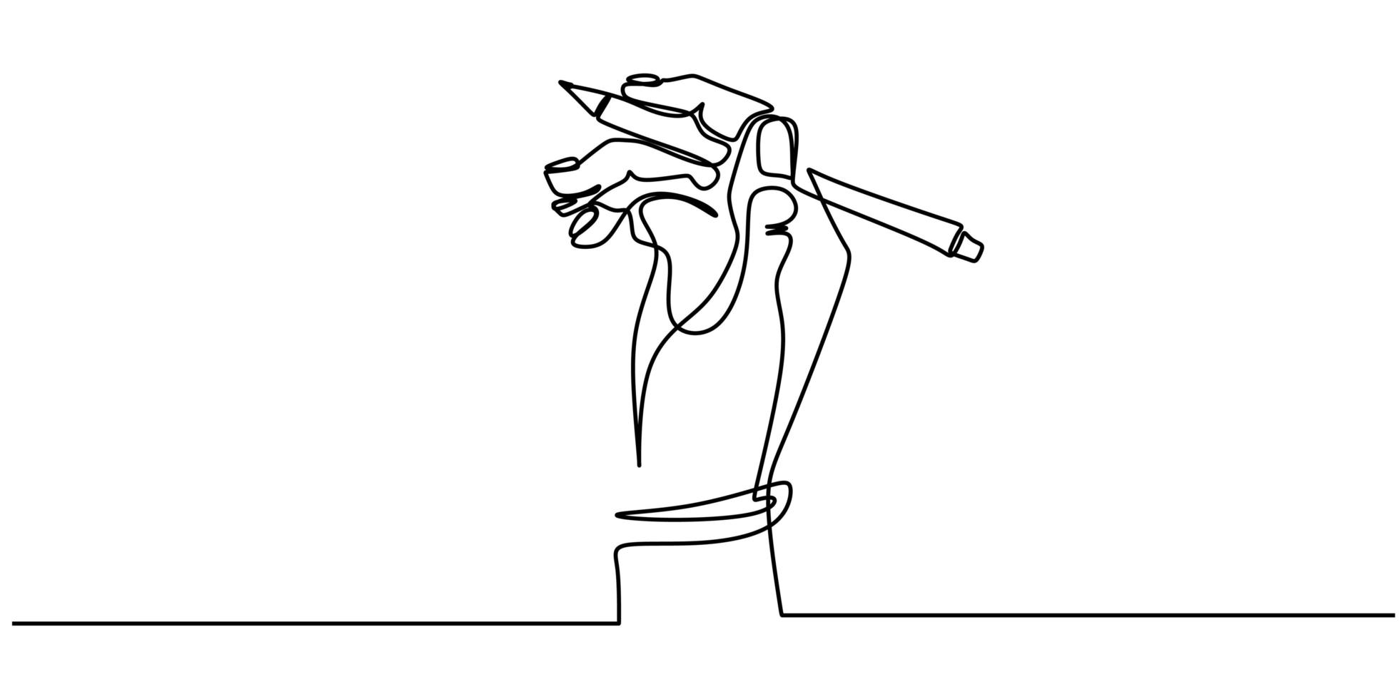 un disegno a tratteggio della mano che tiene una penna che scrive su un foglio. illustrazione vettoriale di schizzo continuo minimalismo, stile di design semplicità.