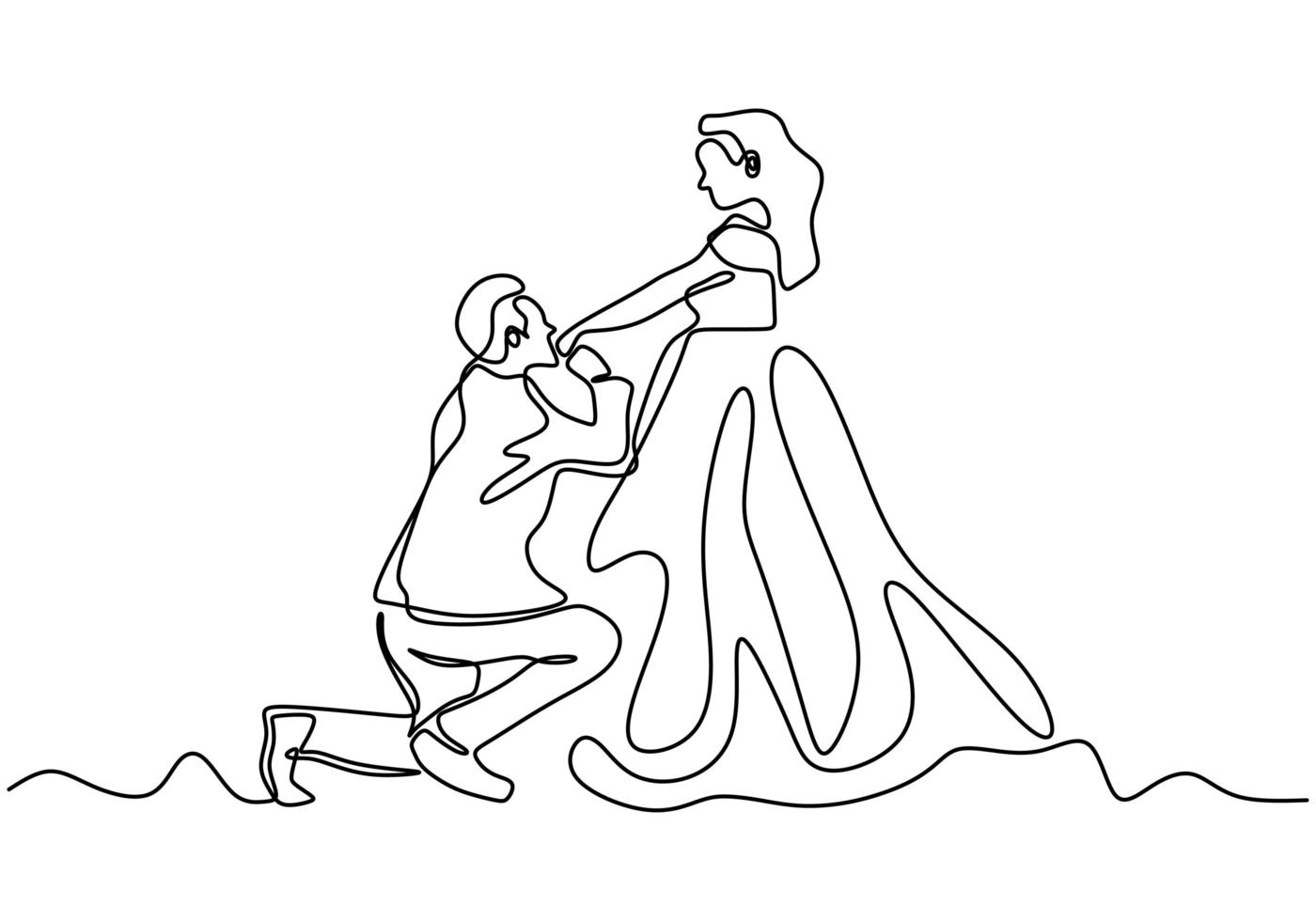 disegno in linea continua. coppia romantica, un uomo bacia una mano di donna, proponendo per il matrimonio. minimalismo disegnato a mano. vettore