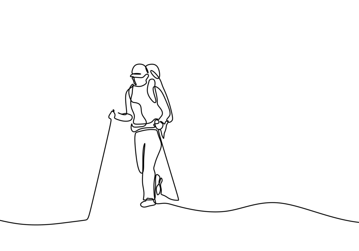 un disegno a tratteggio del viaggiatore che cammina disegno continuo. persona che fa escursioni in montagna all'aperto vettore