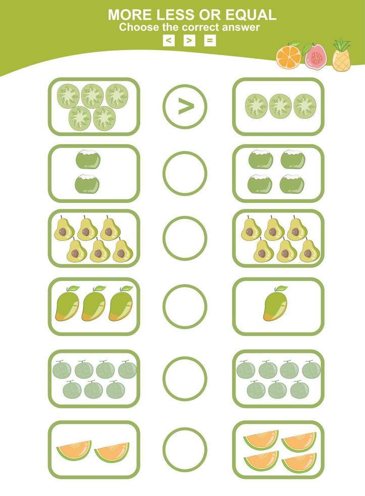 matematica educativo gioco per bambini. scegliere Di più, Di meno o pari gioco. tropicale frutta matematica tema gioco. educativo stampabile matematica foglio di lavoro. vettore illustrazione nel cartone animato stile.