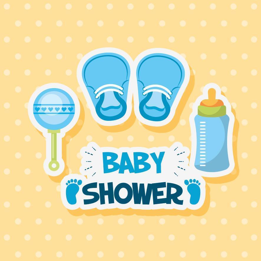 carta di baby shower con scarpe e accessori carini vettore