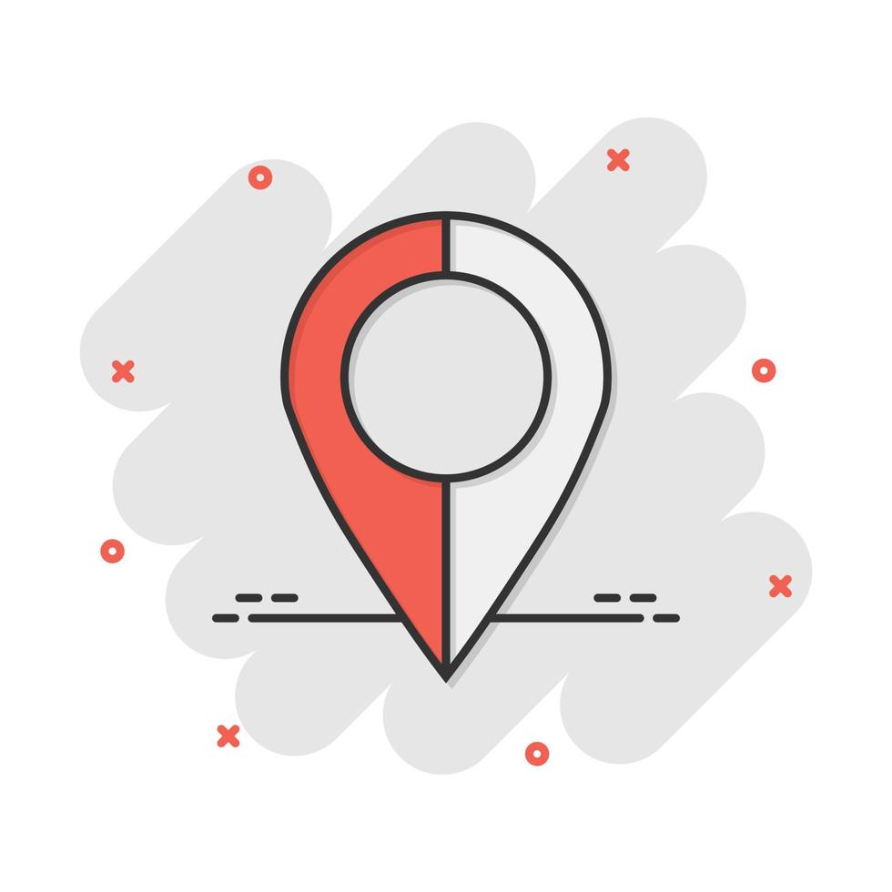 perno carta geografica icona nel comico stile. cartone animato GPS navigazione vettore illustrazione pittogramma. bersaglio destinazione attività commerciale concetto spruzzo effetto.