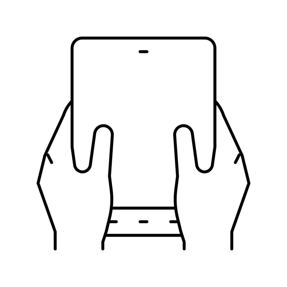 utente che gioca sull'illustrazione flessibile del vettore dell'icona della linea dello schermo dello smartphone