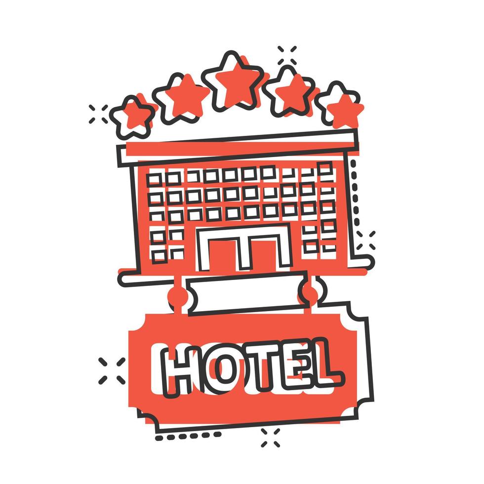 Hotel 5 stelle cartello icona nel comico stile. Locanda edificio cartone animato vettore illustrazione su bianca isolato sfondo. ostello camera spruzzo effetto attività commerciale concetto.