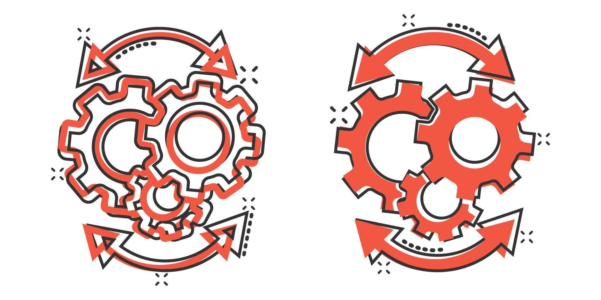 flusso di lavoro icona nel comico stile. Ingranaggio efficace cartone animato vettore illustrazione su bianca isolato sfondo. processi organizzazione spruzzo effetto attività commerciale concetto.