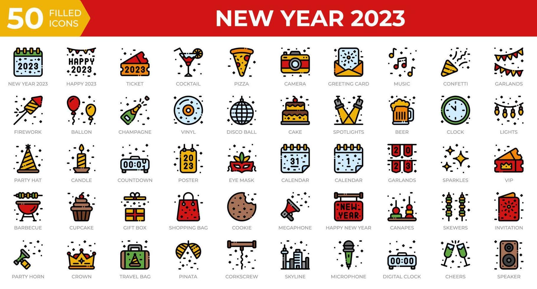 nuovo anno 2023 icone nel pieno schema stile. calendario, coriandoli, Pizza. pieno schema icone collezione. vacanza simbolo. vettore illustrazione