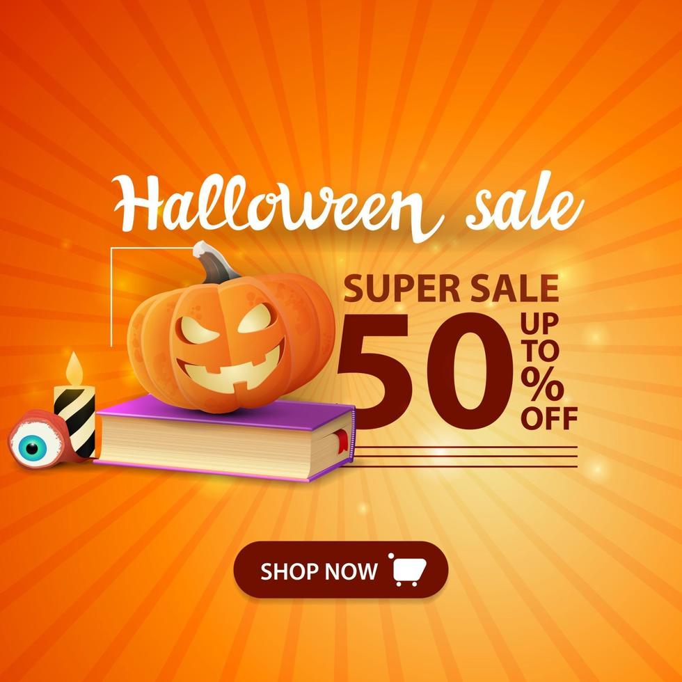 vendita di halloween, -50 di sconto, banner moderno arancione con libro degli incantesimi e jack zucca vettore