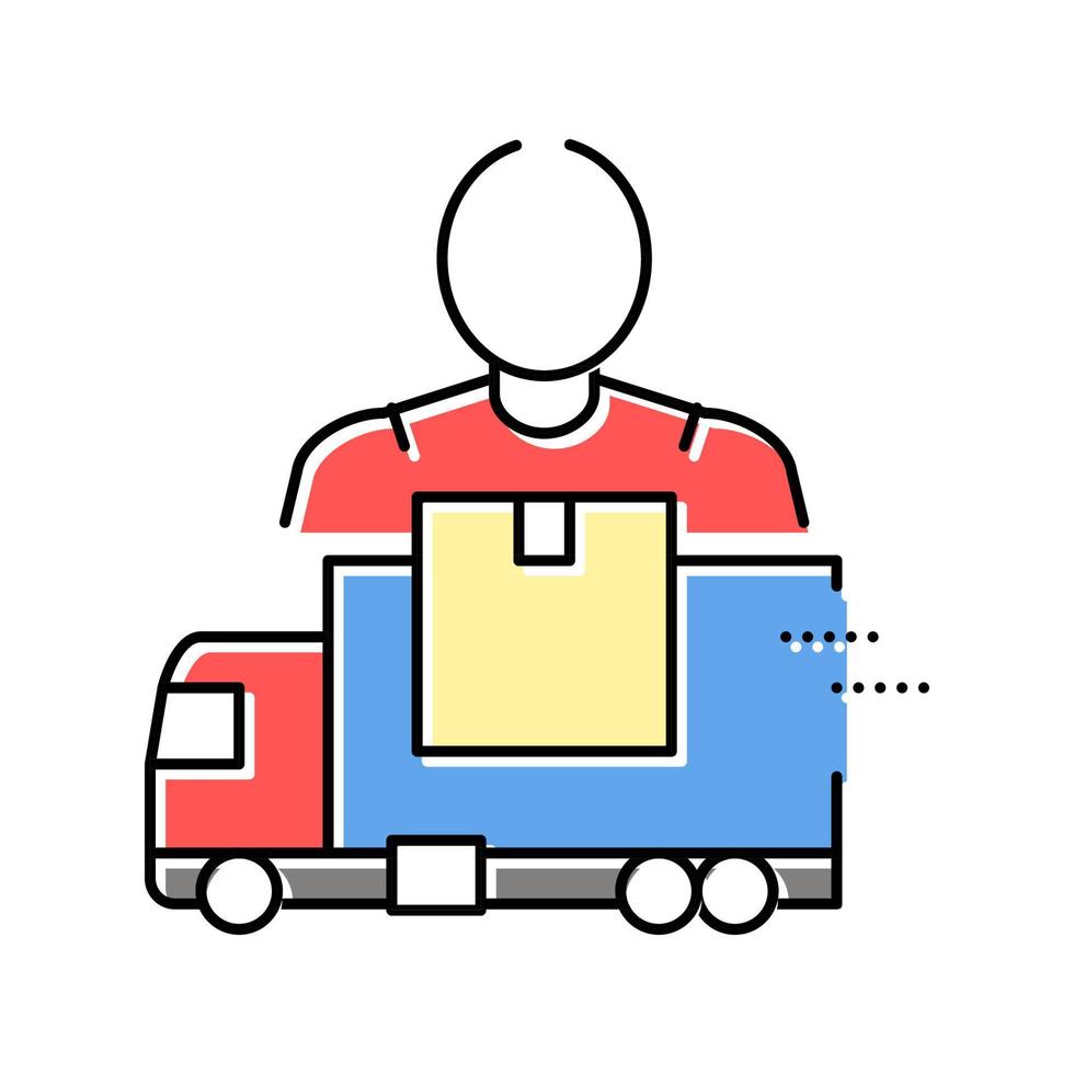 illustrazione vettoriale dell'icona del colore del camion e del lavoratore del servizio di consegna del motore