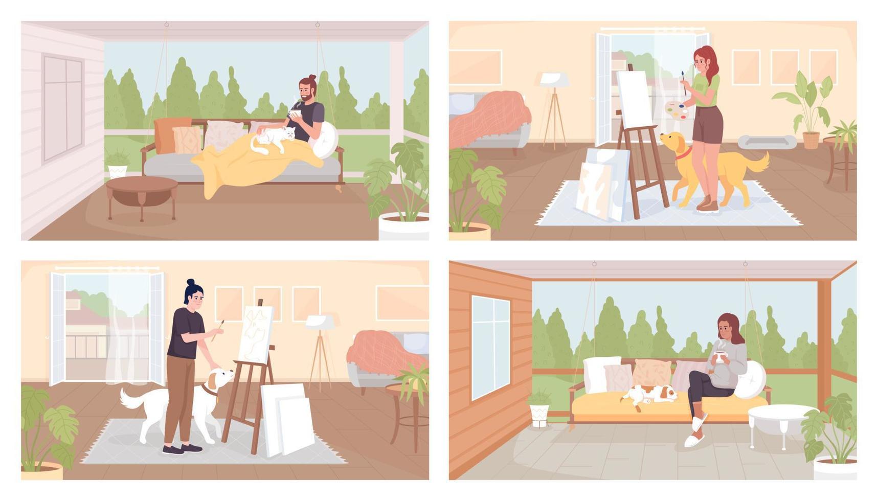 la spesa tempo con animali domestici e pittura su cavalletto piatto colore vettore illustrazione impostare. tempo libero, passatempo. completamente modificabile 2d semplice cartone animato personaggi collezione con casa interno e Giardino dietro la casa su sfondo