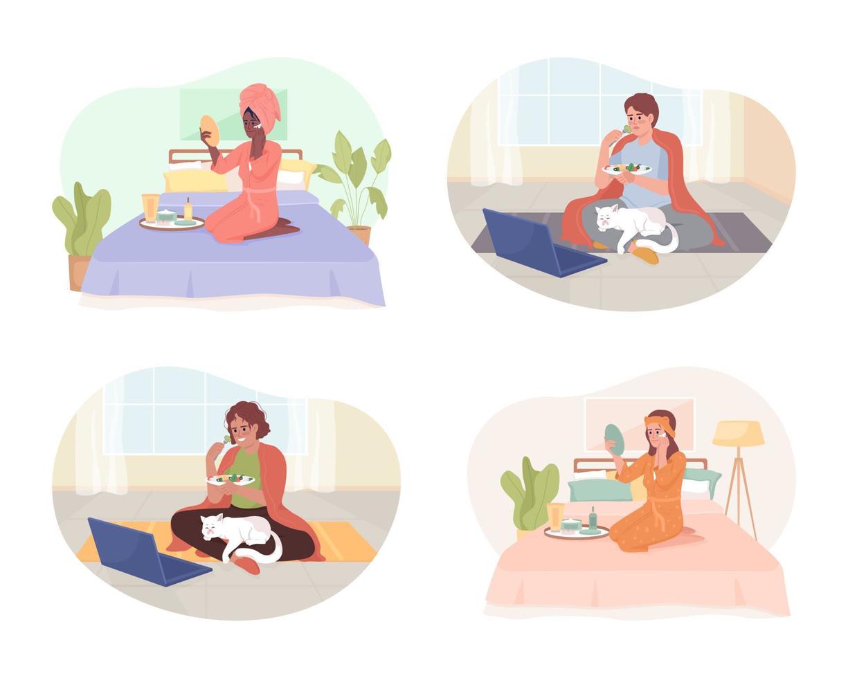 chilling a casa 2d vettore isolato illustrazioni impostare. binge-watching e se stesso cura. introverso piatto personaggi su cartone animato sfondo. colorato modificabile scena imballare per mobile, sito web, presentazione