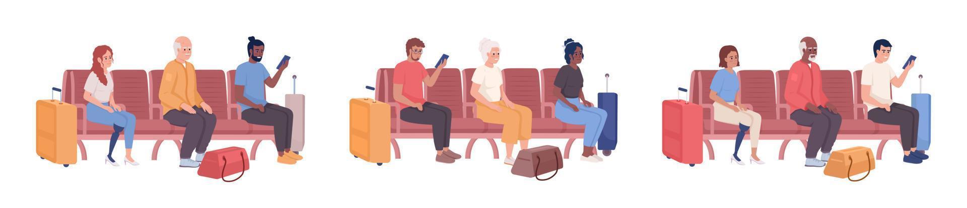 viaggiatori seduta nel aeroporto sedie semi piatto colore vettore personaggi impostare. modificabile figure. pieno corpo persone su bianca. semplice cartone animato stile illustrazione imballare per ragnatela grafico design e animazione