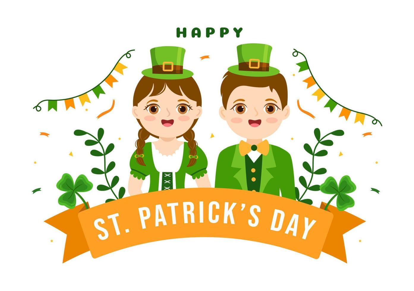 contento st patricks giorno illustrazione con bambini, d'oro monete, verde cappello, folletti e trifoglio nel piatto cartone animato mano disegnato per atterraggio pagina modelli vettore