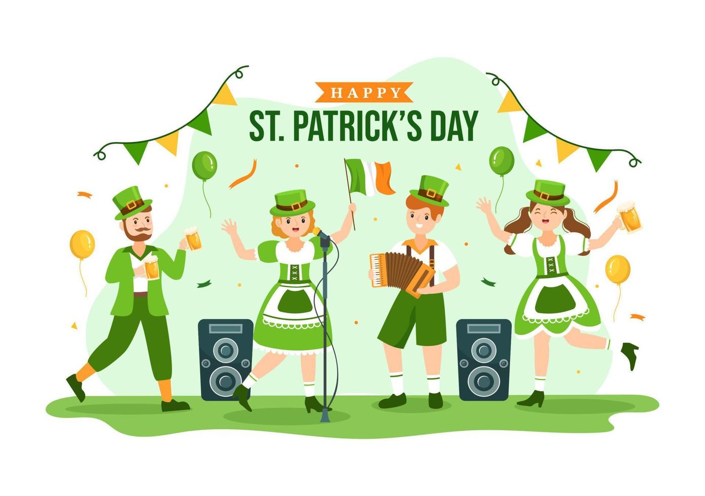 contento st patricks giorno illustrazione con bambini, d'oro monete, verde cappello, folletti e trifoglio nel piatto cartone animato mano disegnato per atterraggio pagina modelli vettore