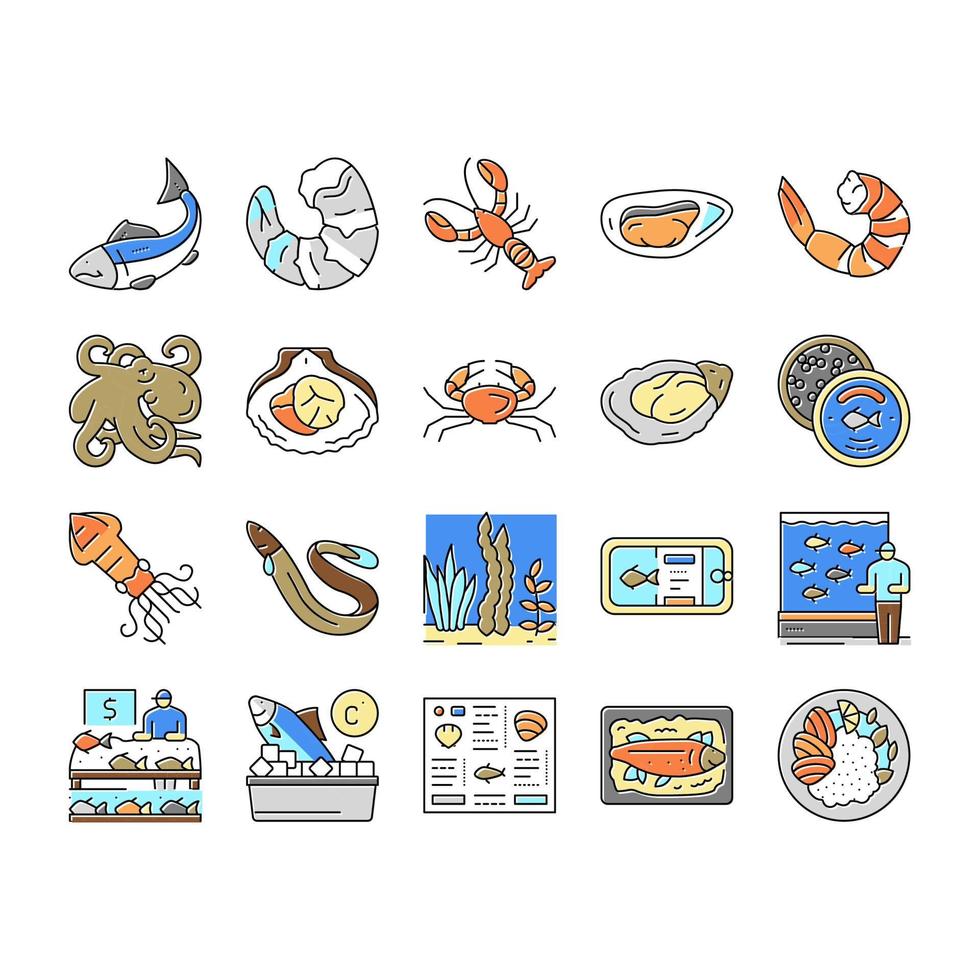 Icone del menu del piatto dell'alimento cucinato di frutti di mare impostano il vettore