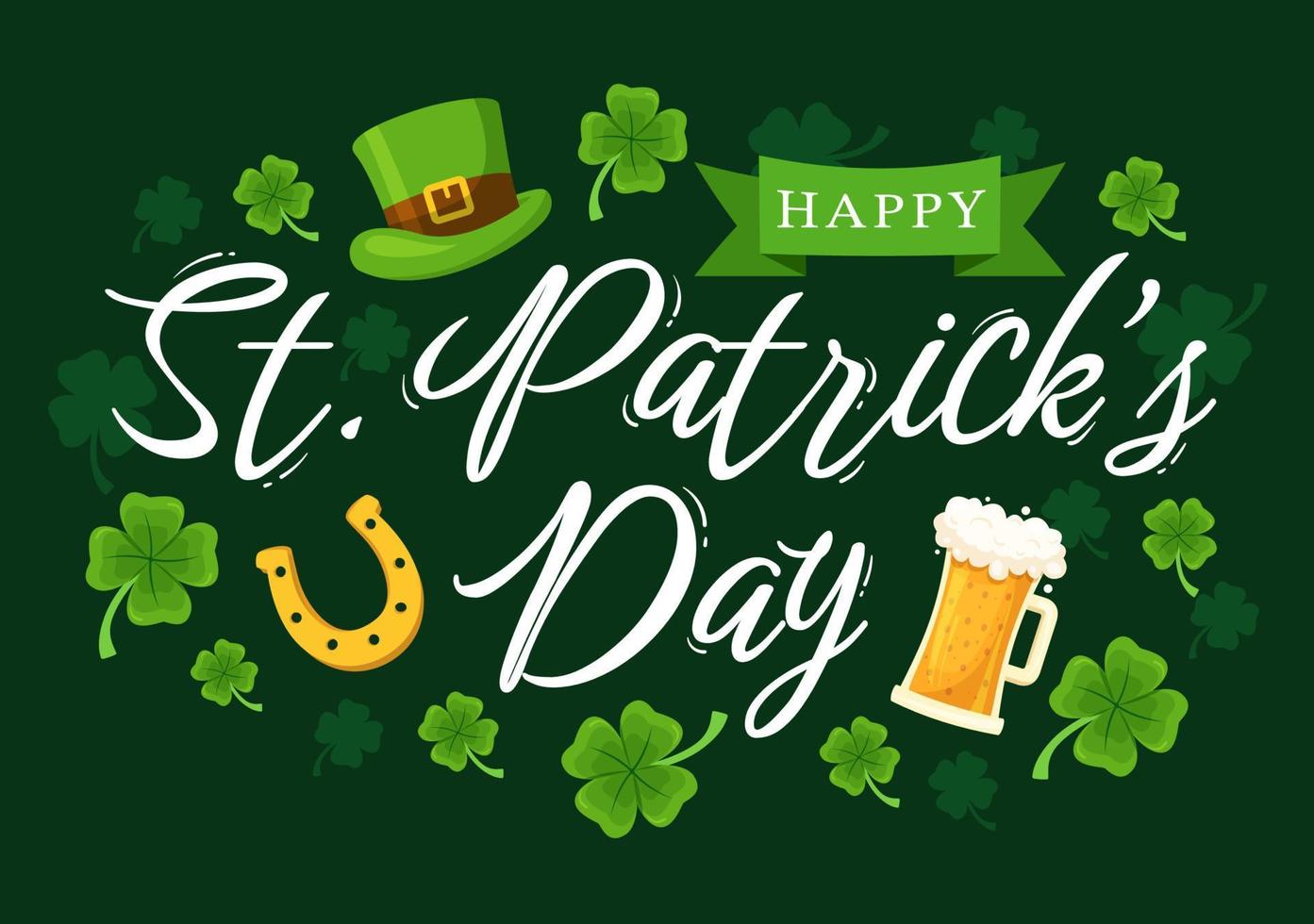 contento st patricks giorno illustrazione con d'oro monete, verde cappello, birra pub e trifoglio per atterraggio pagina nel piatto cartone animato mano disegnato modelli vettore