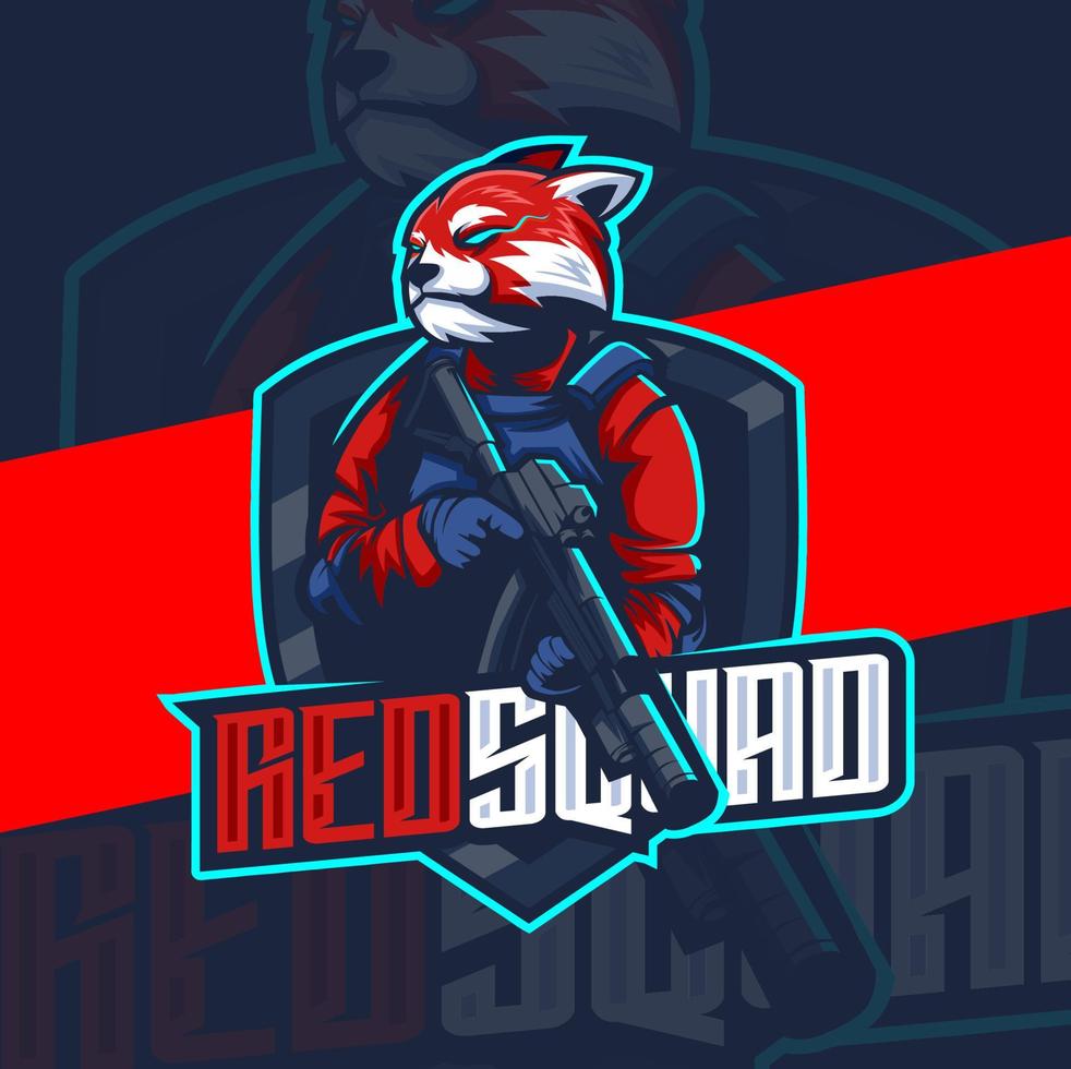 rosso panda esercito con arma portafortuna esport logo design personaggio vettore