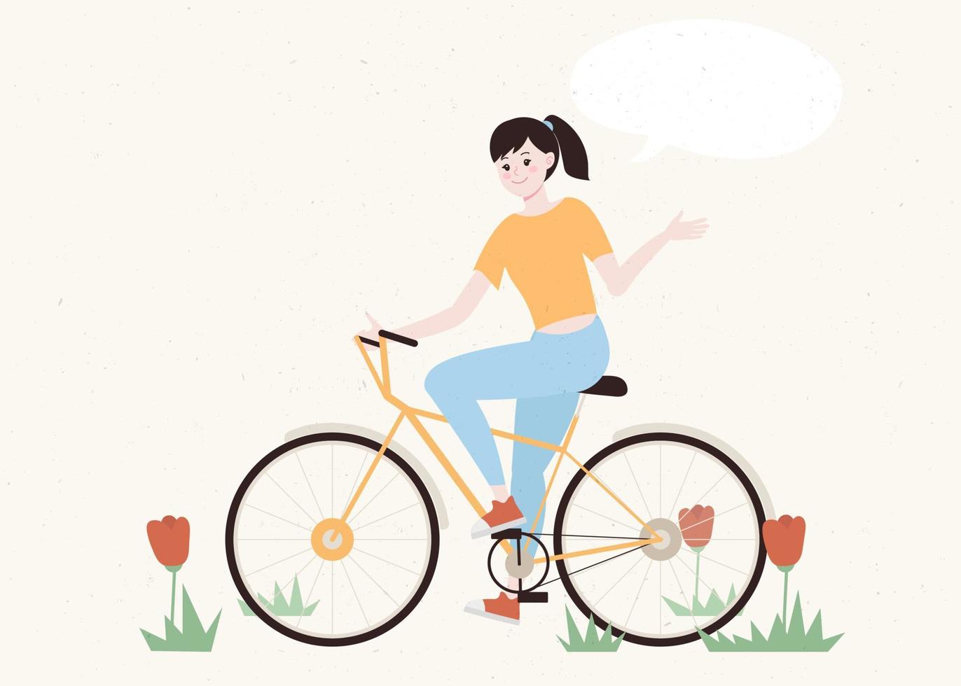 divertente sorridente ragazza su un' giallo bicicletta, equitazione su il strada di fiori. bella contento giovane donna su un' bicicletta con tulipani. affascinante donna ciclista nel Olanda. piatto cartone animato Vintage ▾ vettore illustrazione.