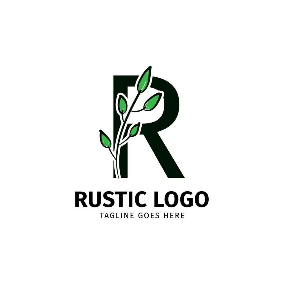 lettera r scarabocchio foglia iniziale rustico vettore logo design elemento