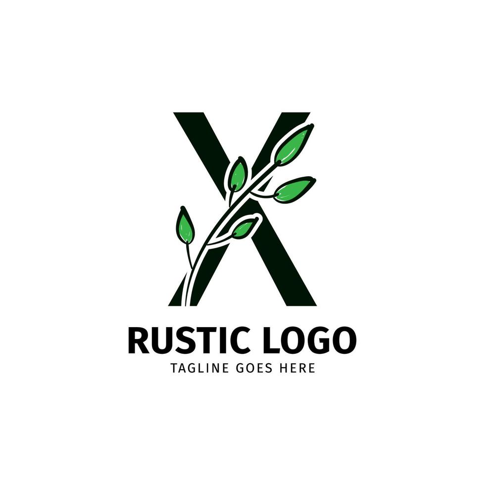 lettera X scarabocchio foglia iniziale rustico vettore logo design elemento