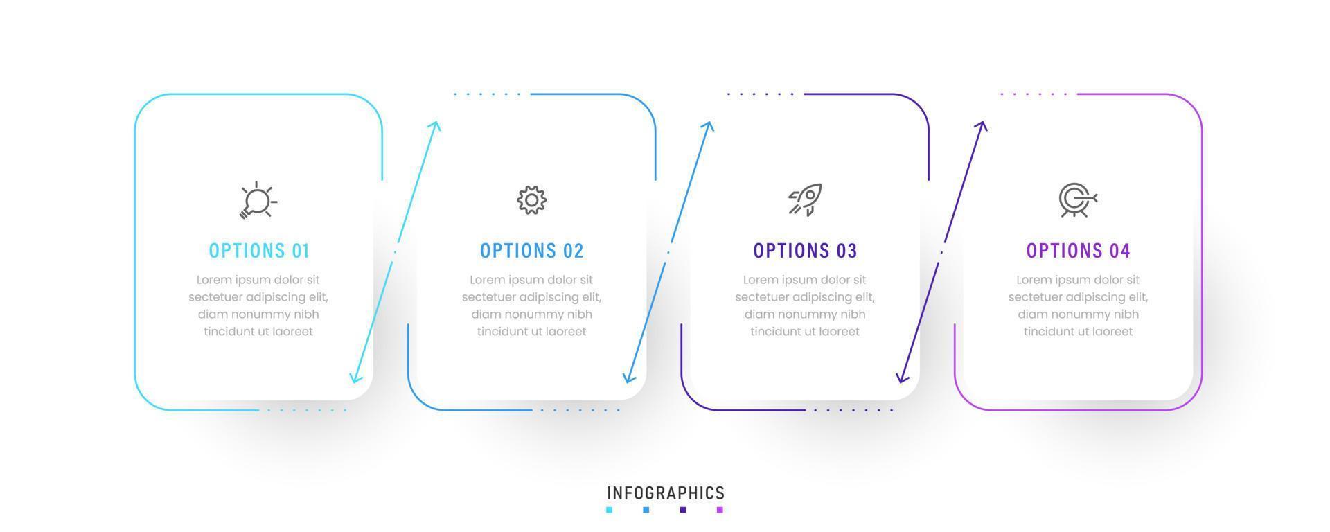 modello di progettazione di etichetta infografica vettoriale con icone e 4 opzioni o passaggi. può essere utilizzato per diagramma di processo, presentazioni, layout del flusso di lavoro, banner, diagramma di flusso, grafico informativo.