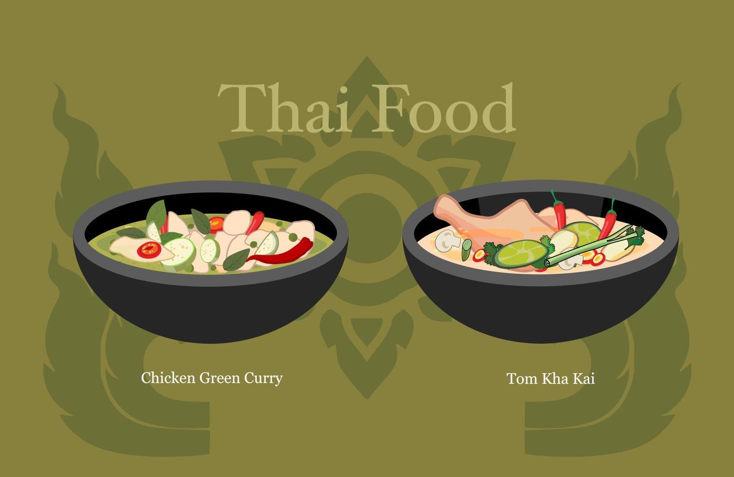 tailandese cibo tom kha kai e verde pollo curry tailandese cibo vettore