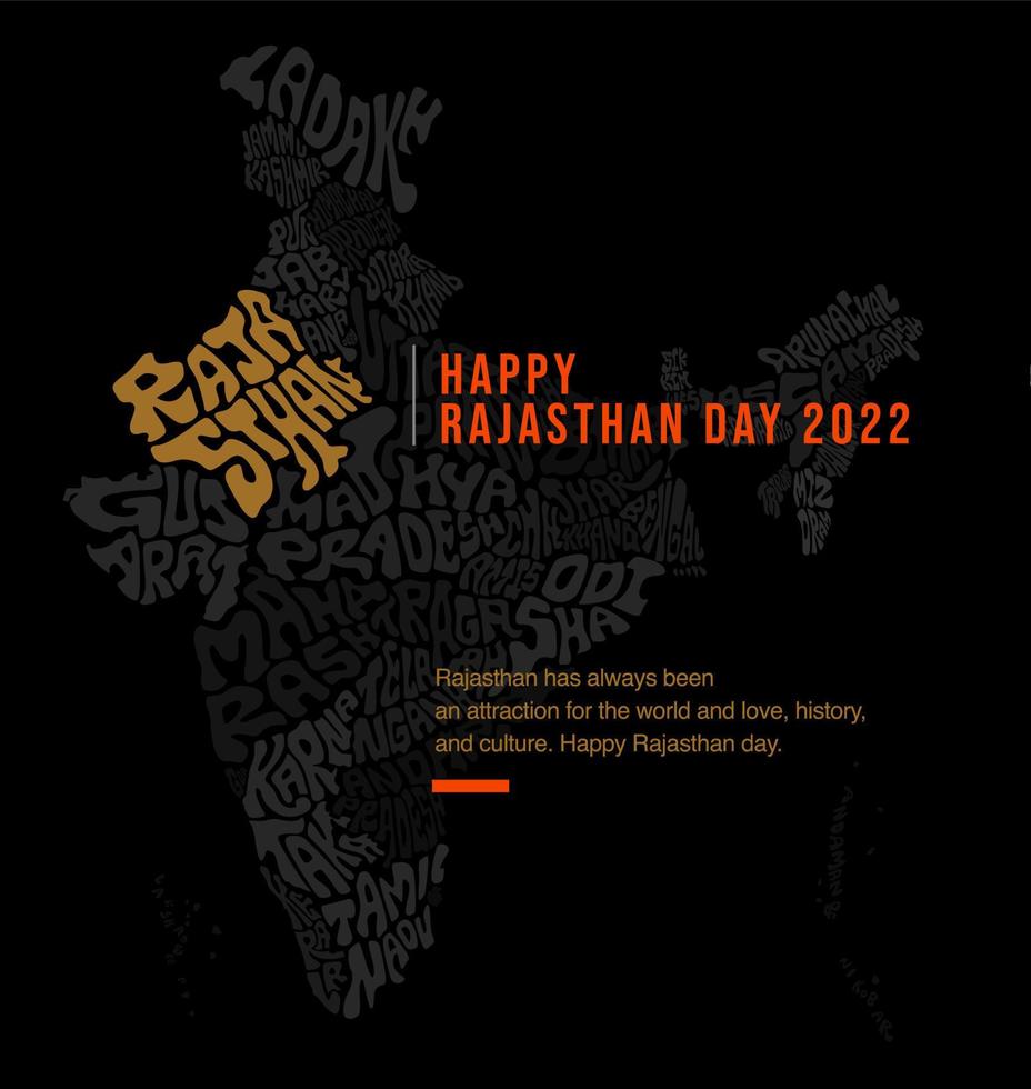 contento Rajasthan giorno 2022 saluti con carta geografica tipografia. Rajasthan carta geografica lettering nel d'oro colore. India carta geografica con raggiante rajastan. vettore