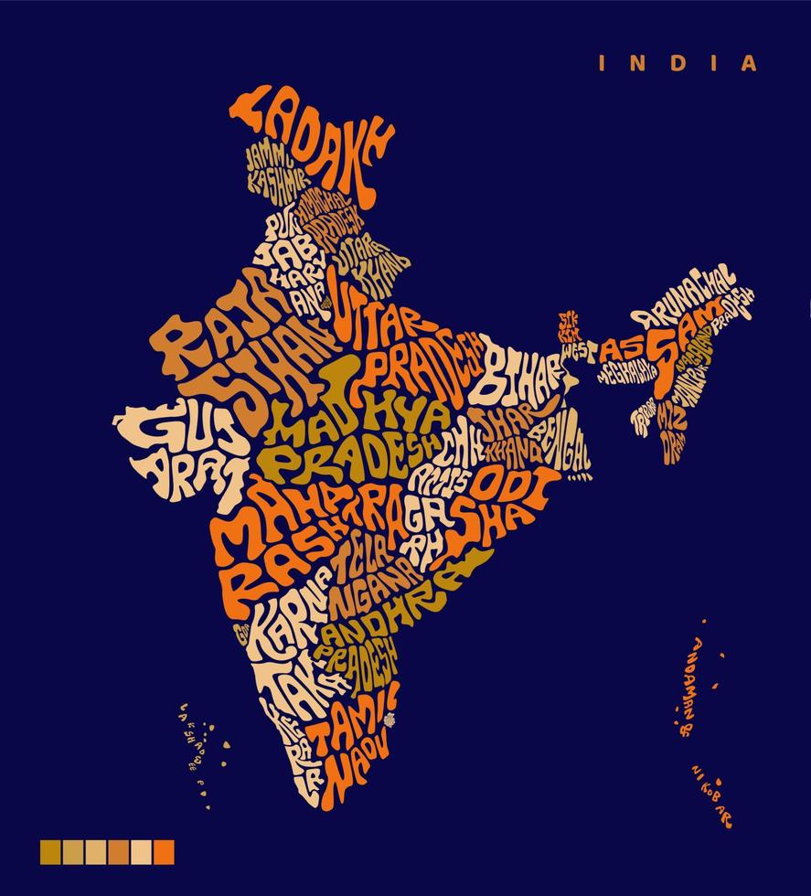 India carta geografica con tutti indiano stati nome scritta. India carta geografica vettore scritta. tipografia India carta geografica design. indiano tutti stati nome nel carta geografica forma. bharat naksha arte.