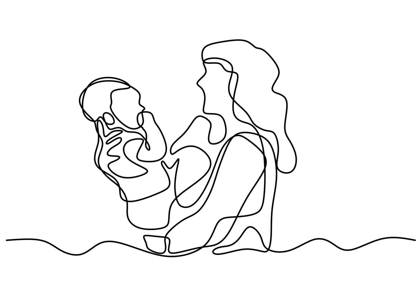 disegno continuo di una linea. la donna tiene il suo bambino. abbraccio profondo ai suoi figli. vettore