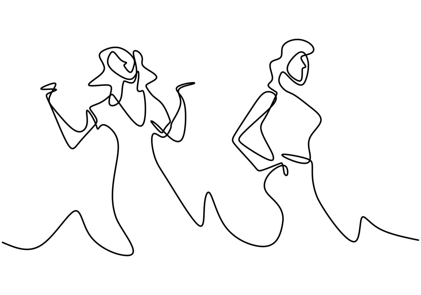 disegno a tratteggio continuo di due donne che ballano. donna che balla felice. esprimere felicità vettore