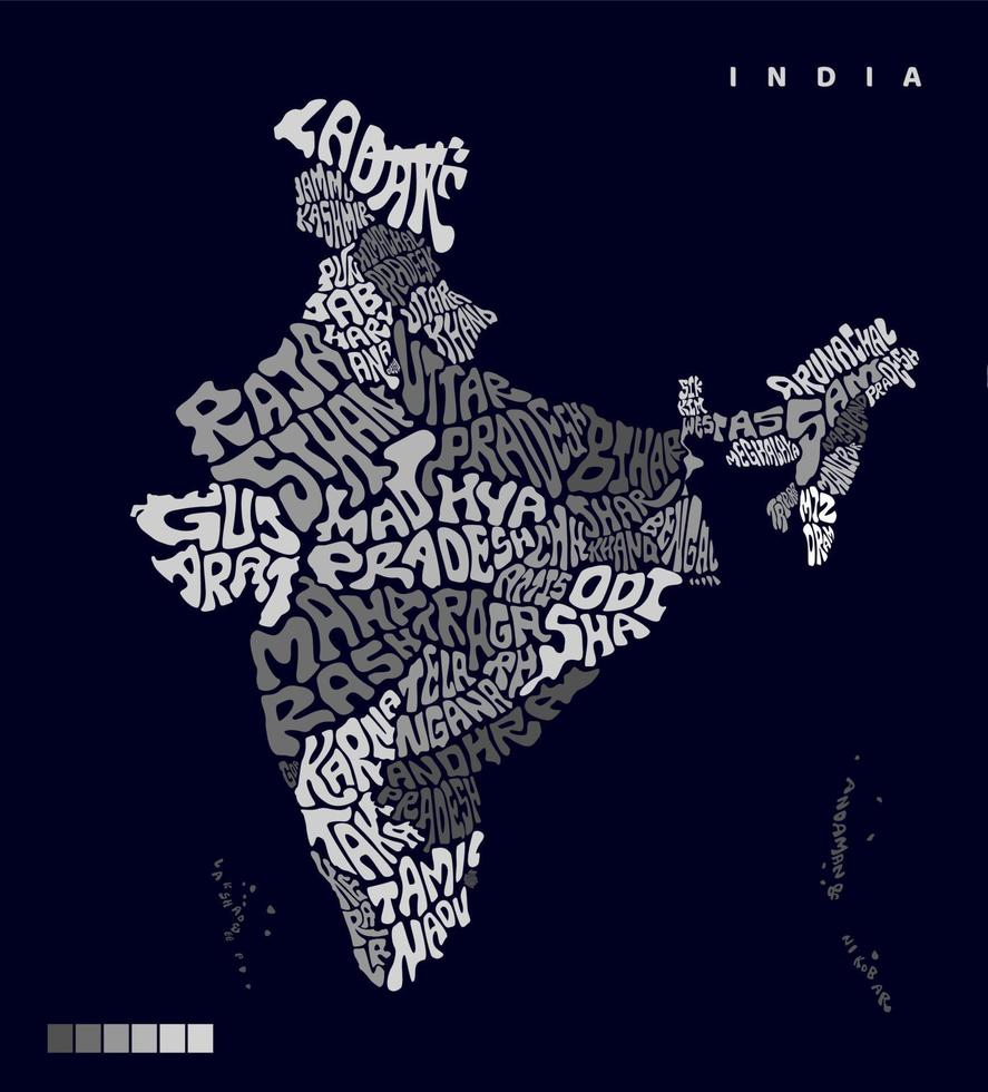 India carta geografica con tutti indiano stati tipografia illustrazione. India carta geografica lettering nel inglese. tutti stati nome scritta. vettore