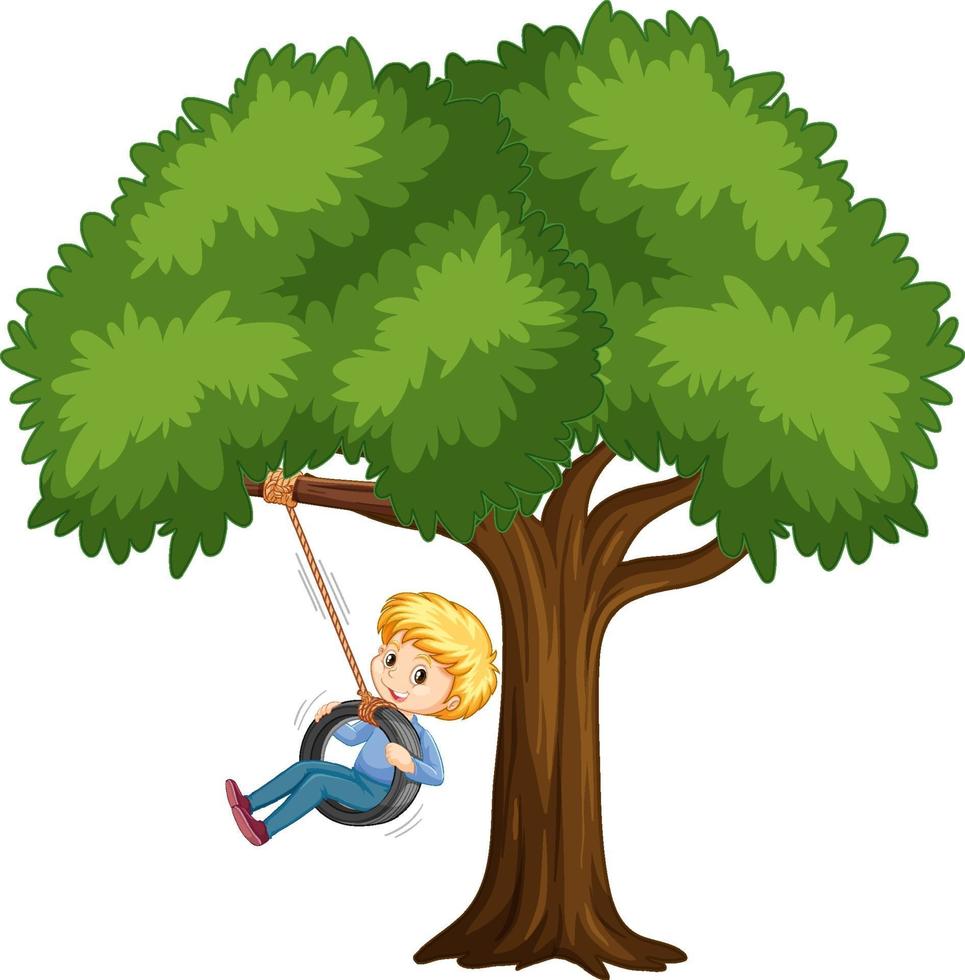 bambino che gioca altalena pneumatico sotto l'albero su sfondo bianco vettore