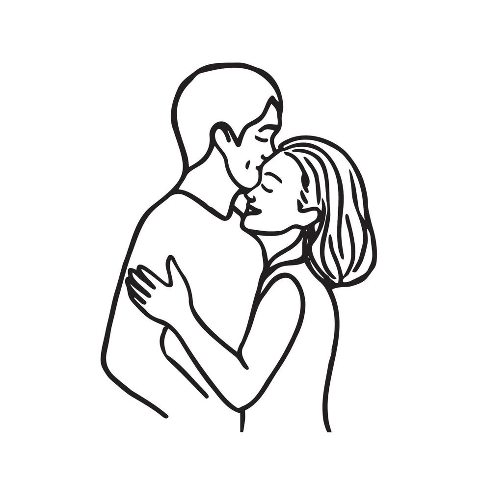 uomo e donna in piedi abbracciare e sorridente - scarabocchio schizzo eterosessuale coppia nel amore abbracciare felicemente vettore