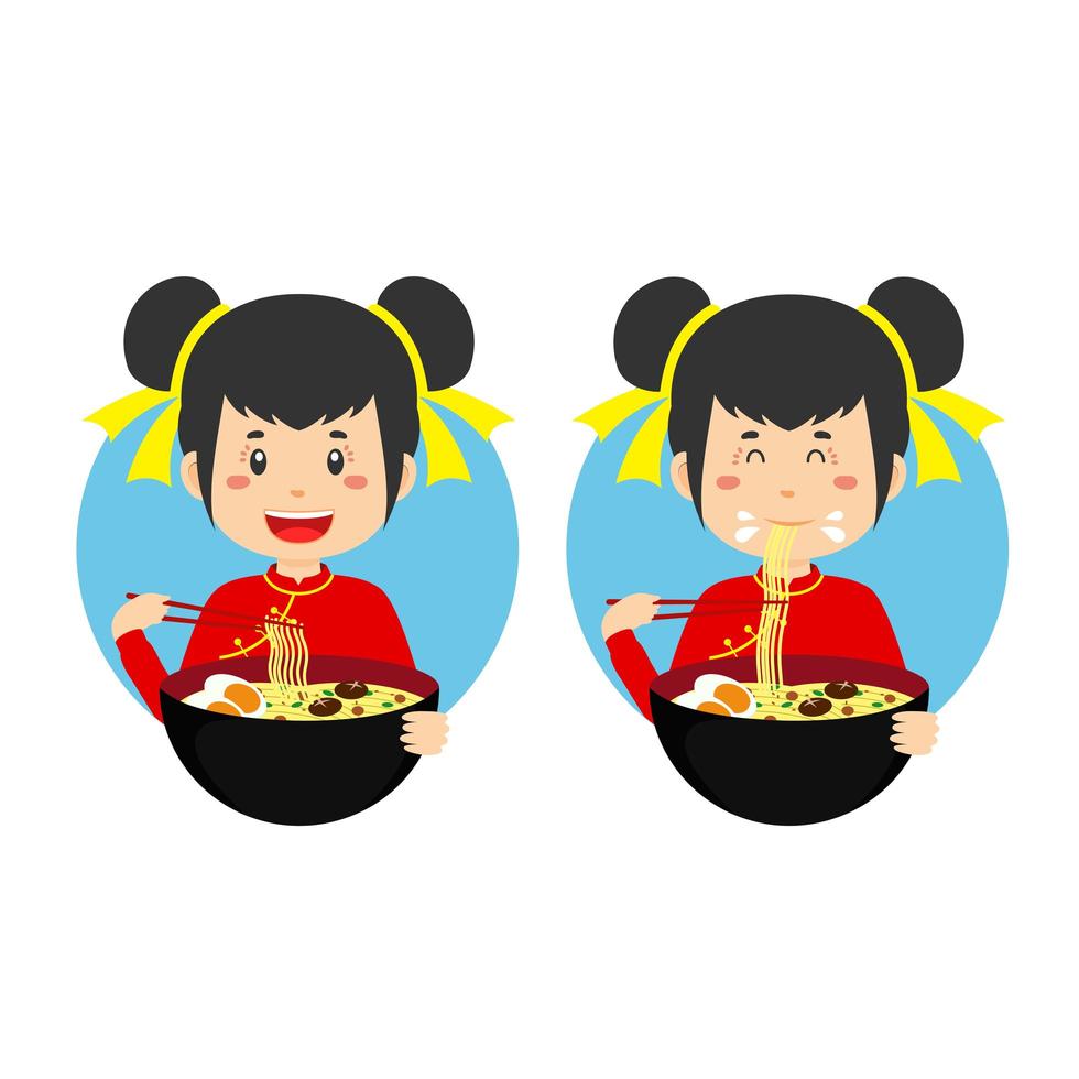 ragazza carina abbigliamento tradizionale cinese mangiare ciotola ramen noodle vettore