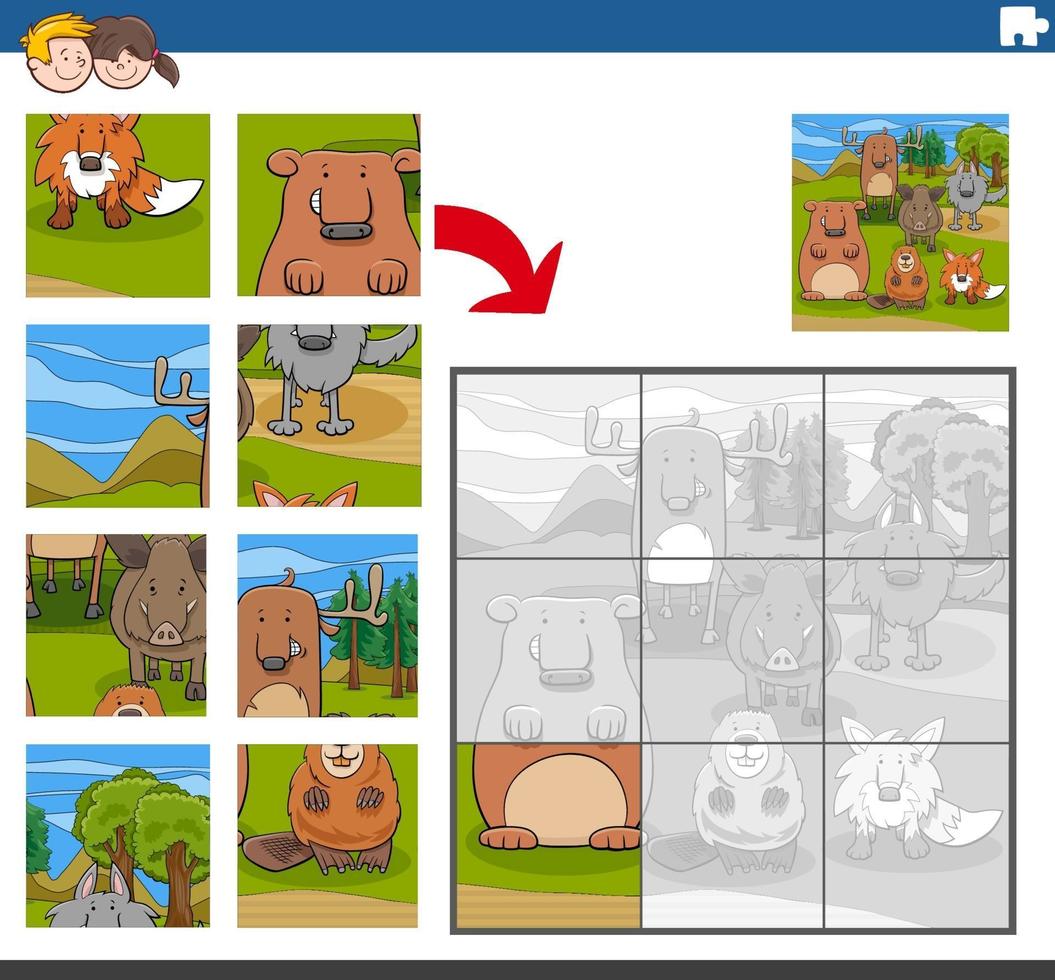 gioco di puzzle con personaggi animali comici vettore