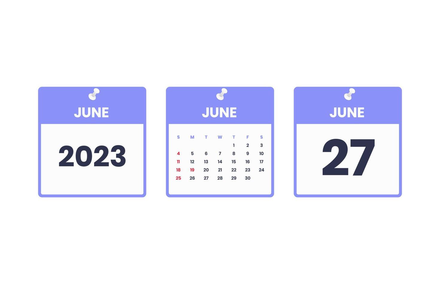 giugno calendario design. giugno 27 2023 calendario icona per orario, appuntamento, importante Data concetto vettore